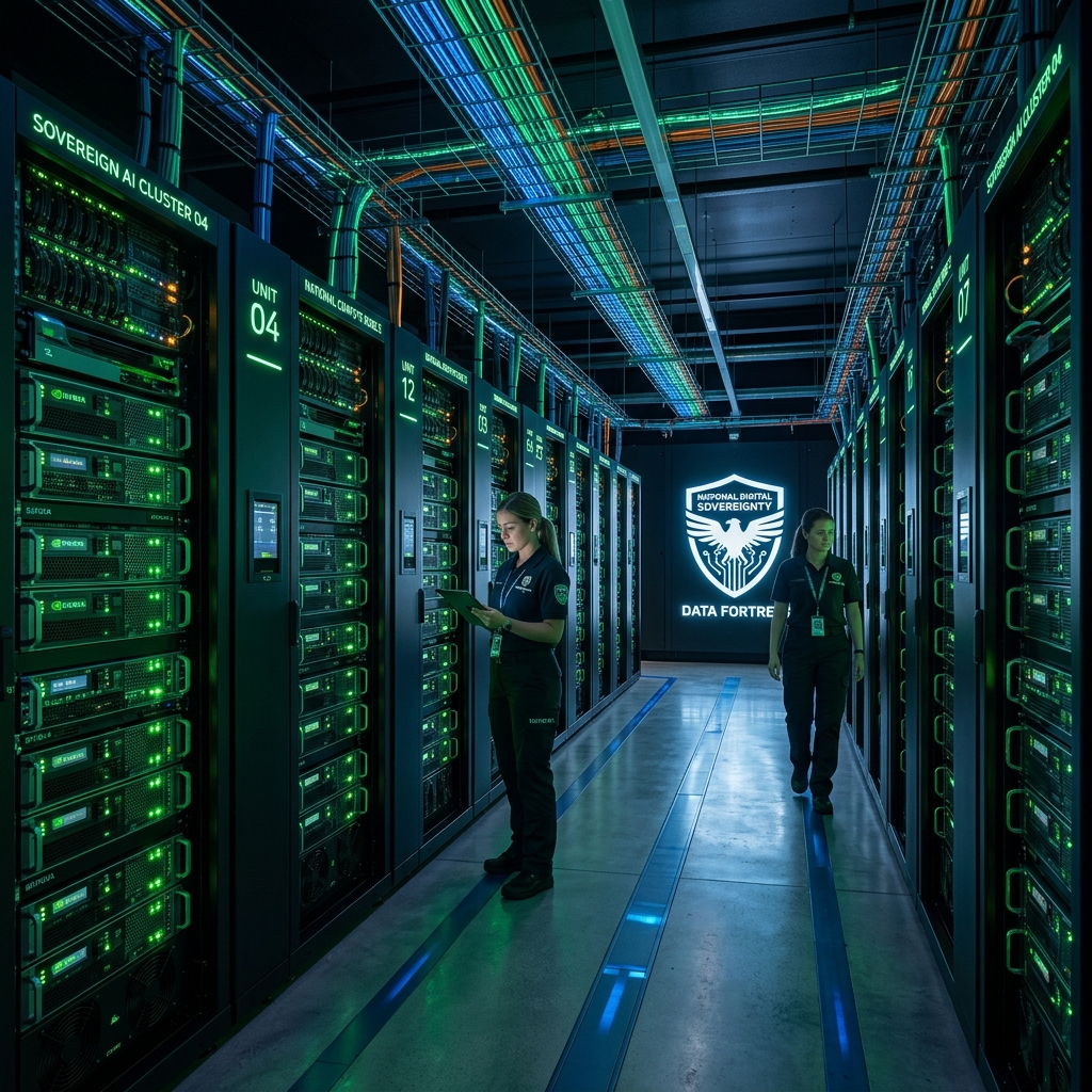 High-tech sovereign AI data center facility housing national compute clusters