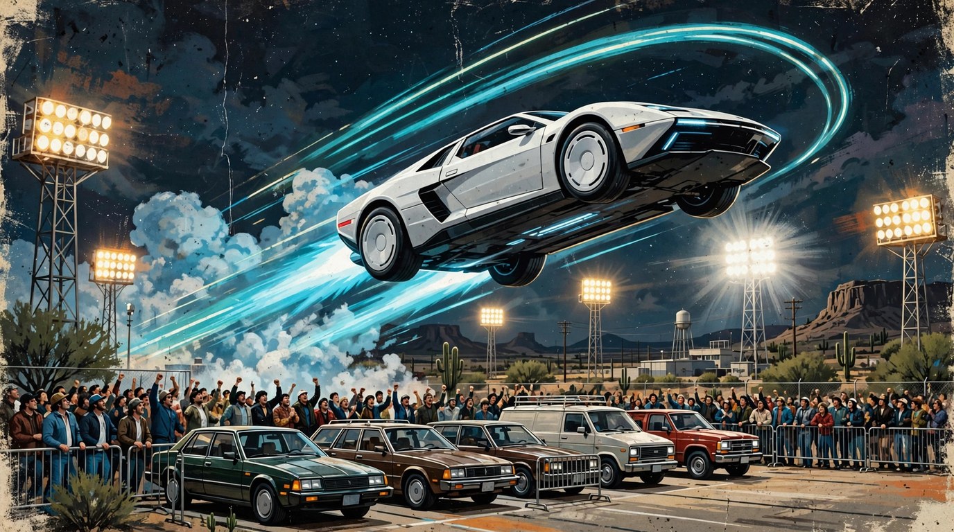 Illustration of a white sports car leaping over a row of parked vehicles under floodlights at night, drawn in a retro 1980s movie poster style