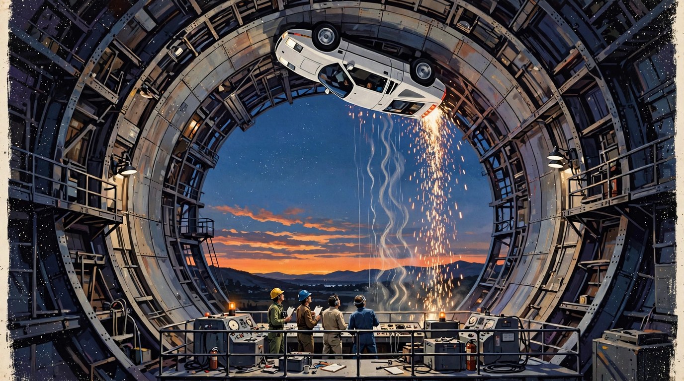Illustration of a white sports car driving upside down along a huge curved ramp at dusk, drawn in a retro 1980s movie poster style