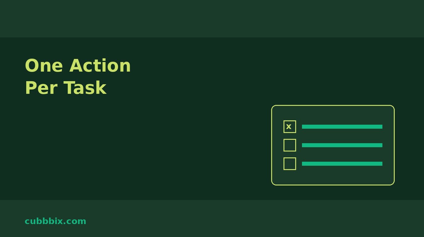 Dark green graphic with a checklist and the words One Action Each