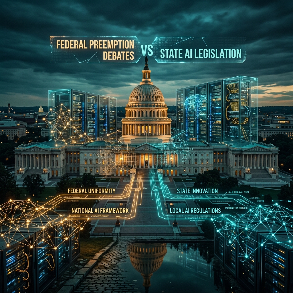 US Capitol Building with digital network overlay illustrating federal preemption debates versus state AI legislation
