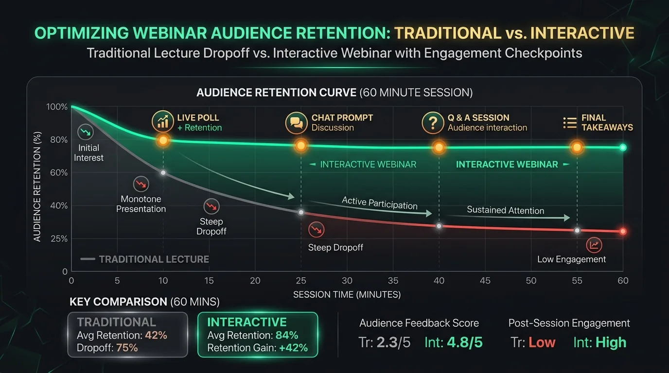 Webinar Audience Retention Curve: Traditional lecture dropoff vs interactive S-T-O-R-Y methodology retention