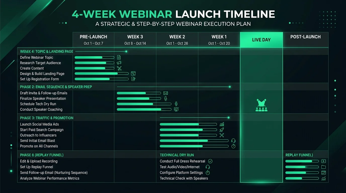 4-Week Webinar Launch Timeline: Pre-launch, promotion, dry run, live day, and replay funnel