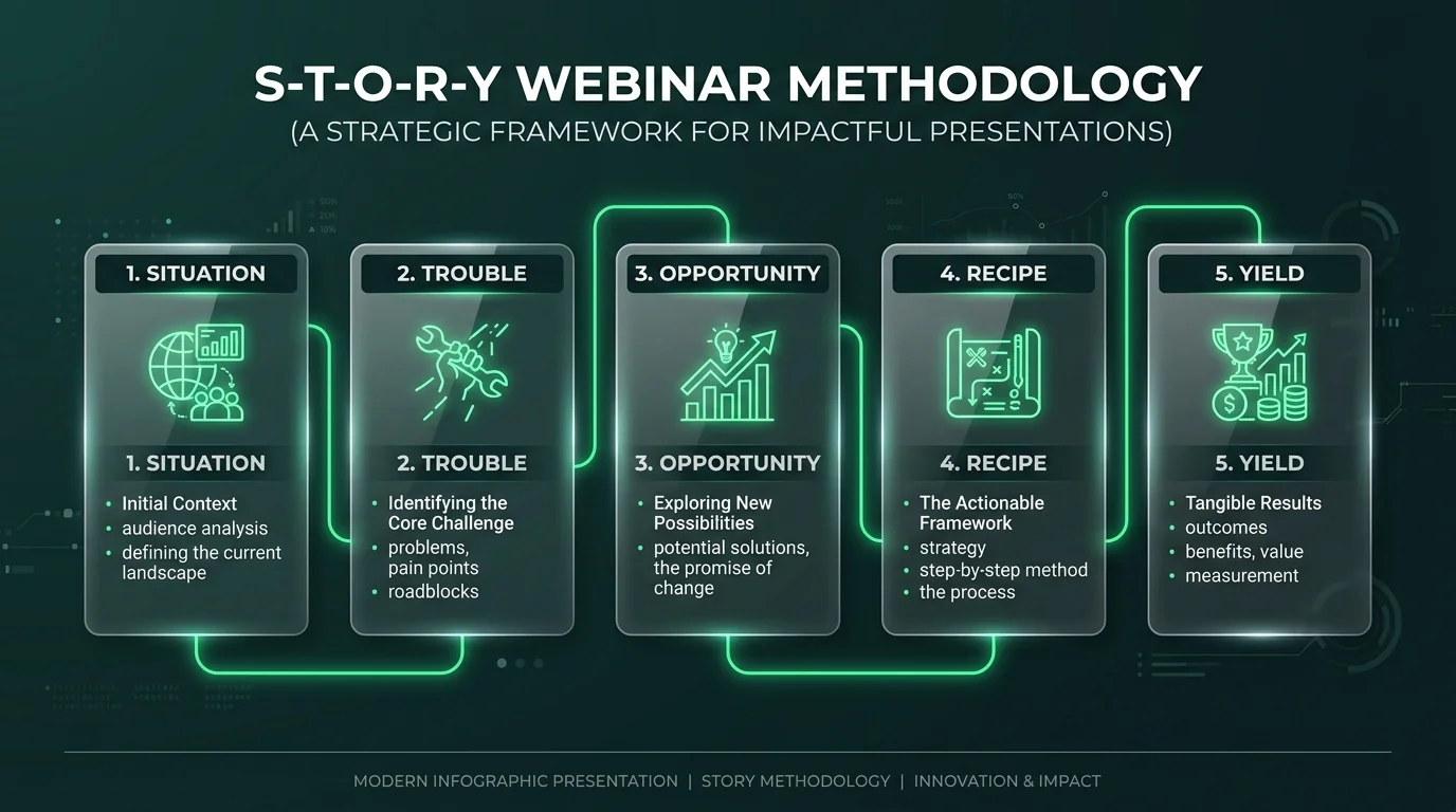 S-T-O-R-Y Webinar Methodology Framework: Situation, Trouble, Opportunity, Recipe, Yield