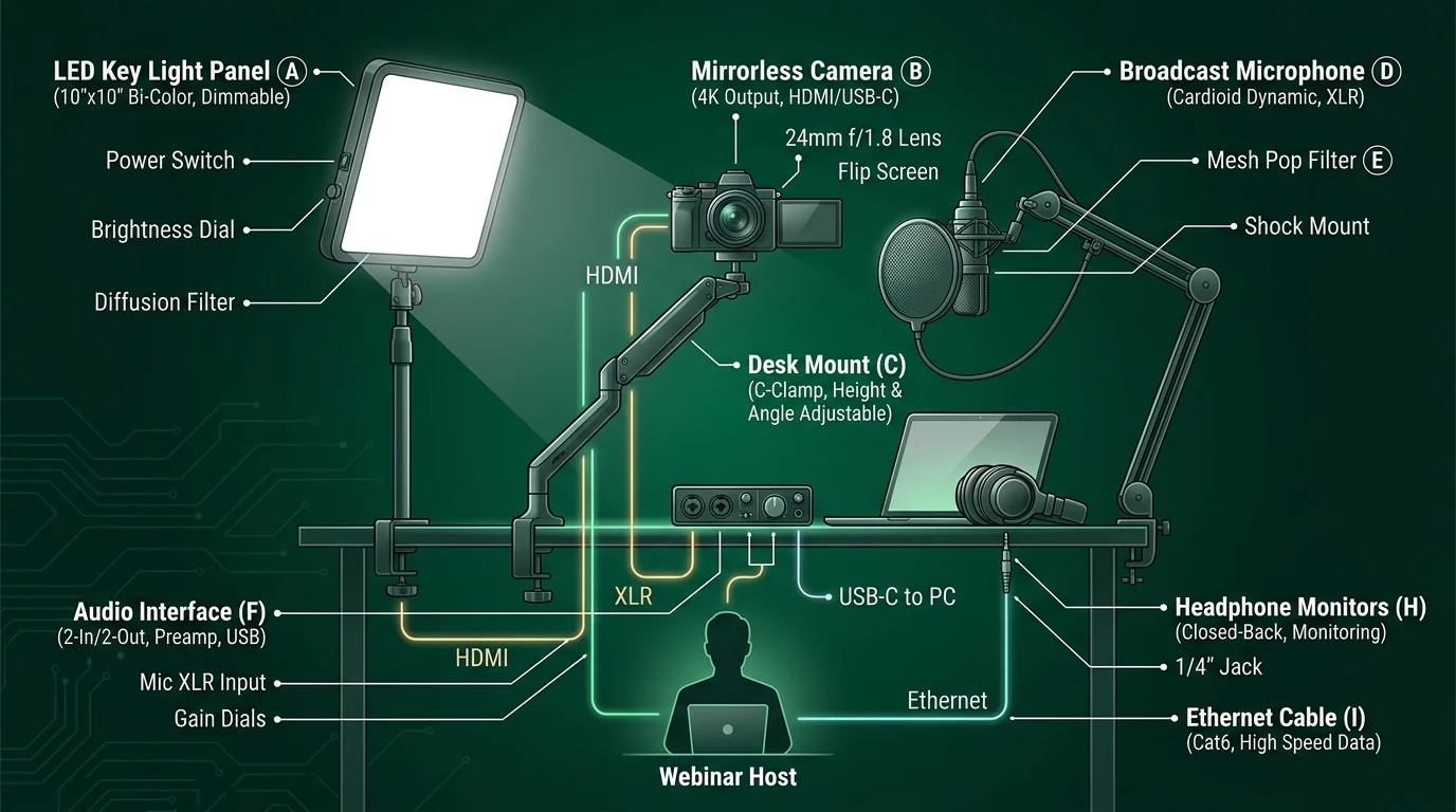 Webinar Studio Hardware Blueprint: Cardioid dynamic microphone, key lighting, camera mount, and audio interface