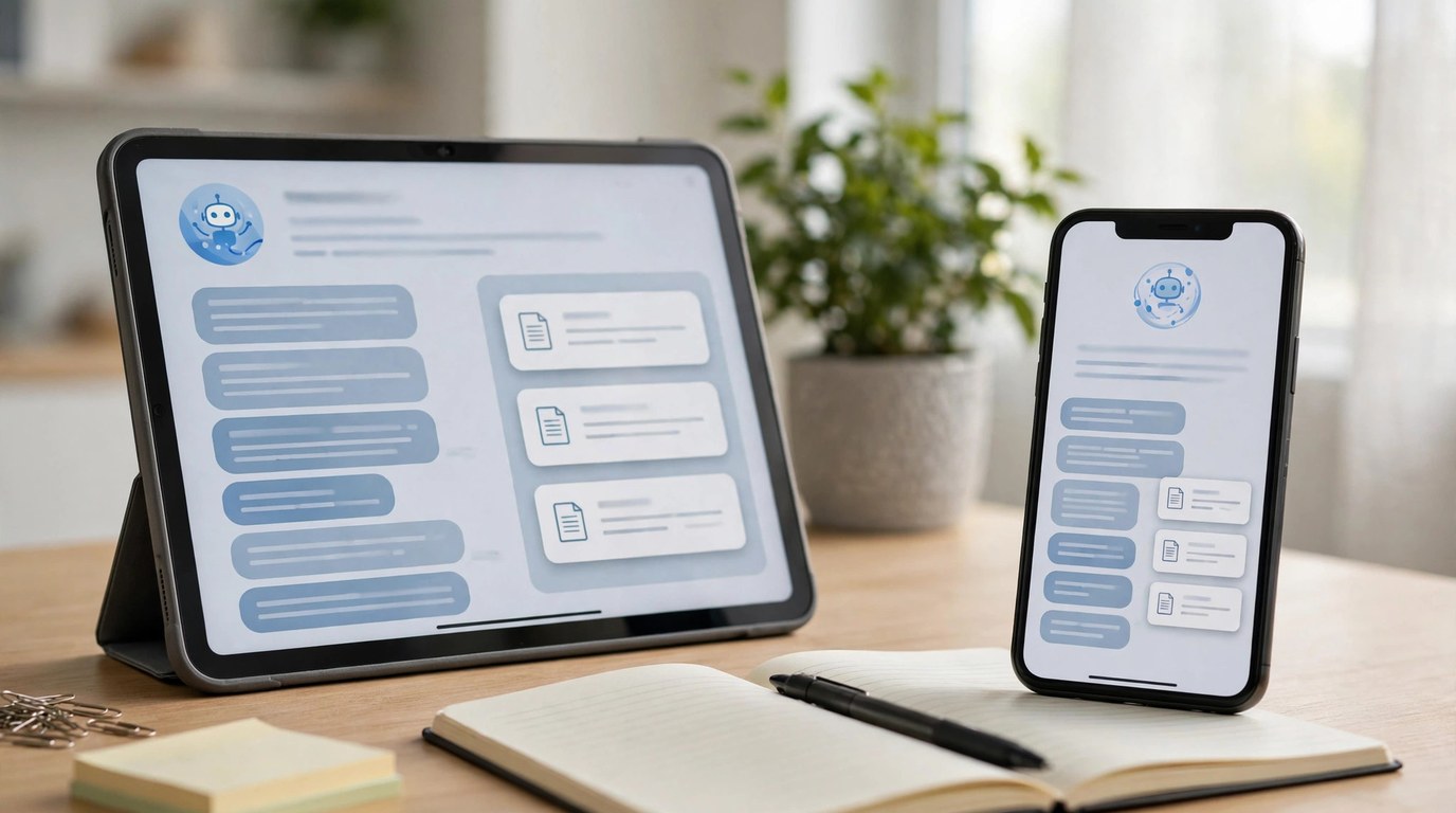 A smartphone and a tablet on a desk showing an AI chat interface with document cards beside the conversation
