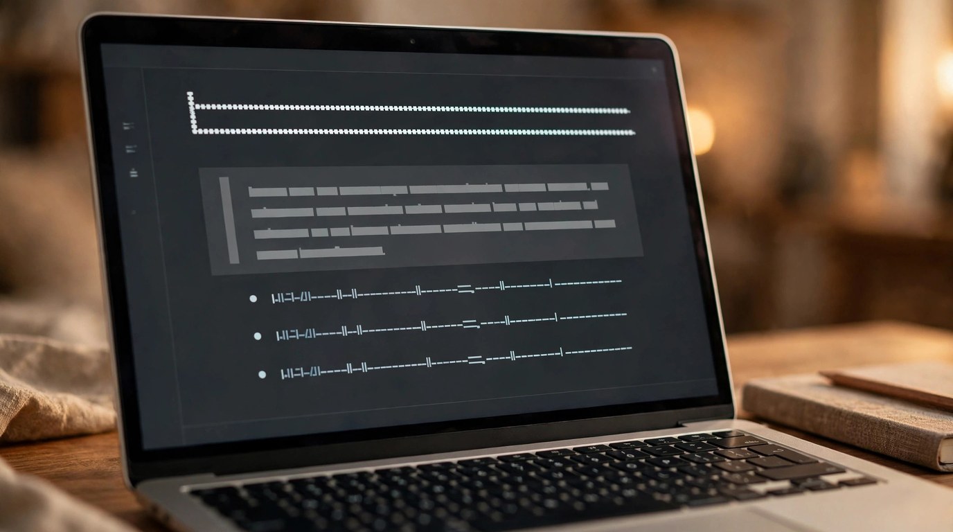 A laptop screen showing a text editor with a structured document: a heading, a quoted summary block and a bulleted list of links