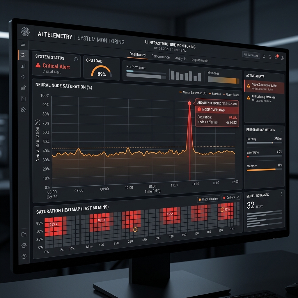 AI Telemetry Dashboard showing Node Saturation Spike