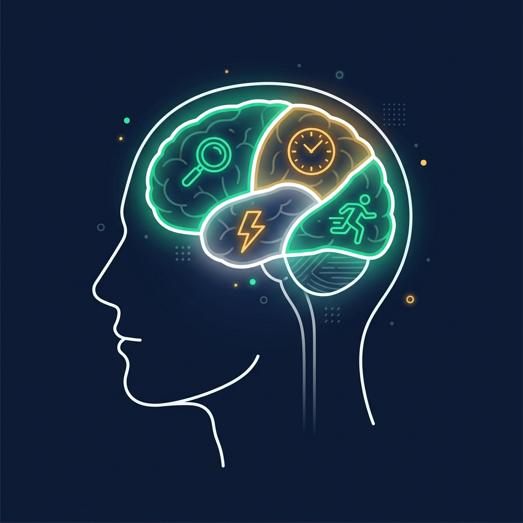 Infographic showing the four key brain functions affected by ADHD: attention, memory, impulse control, and hyperactivity