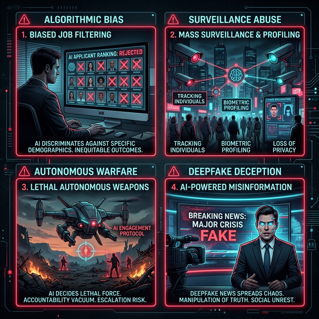 Four AI governance failure modes: algorithmic bias, surveillance abuse, autonomous warfare, and deepfake misinformation
