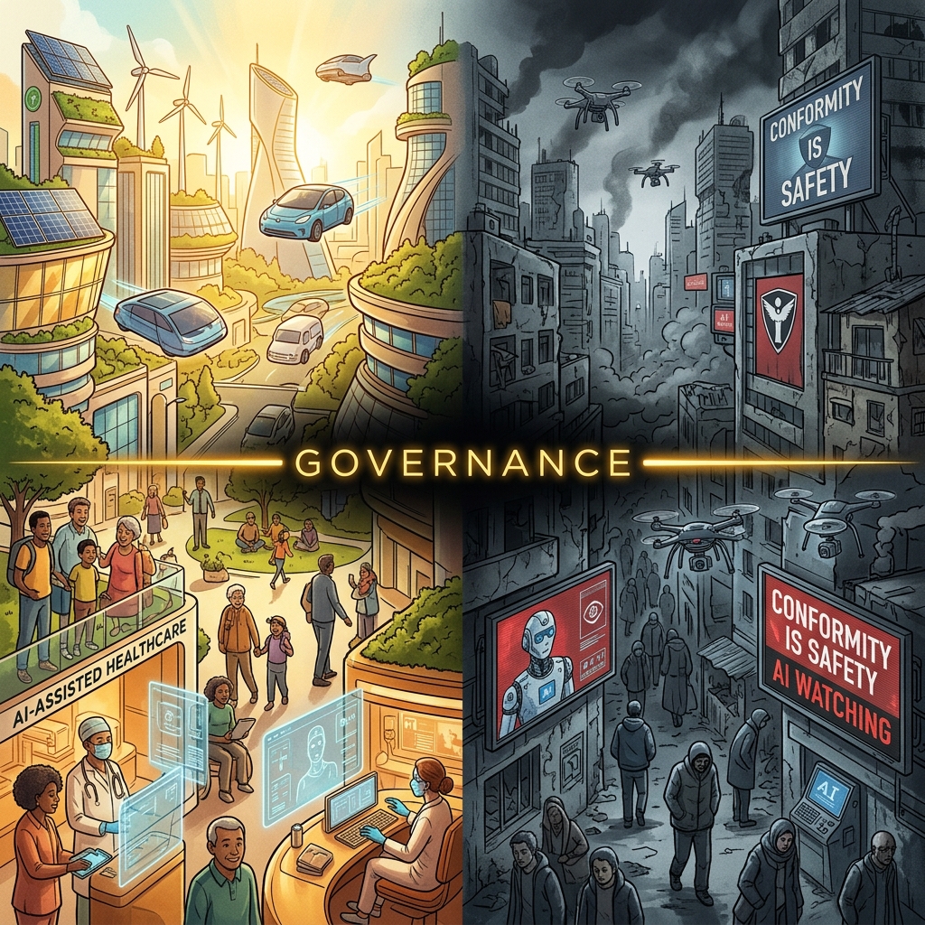 Split-screen illustration: utopian city with AI-assisted healthcare versus dystopian AI surveillance city, divided by the word GOVERNANCE