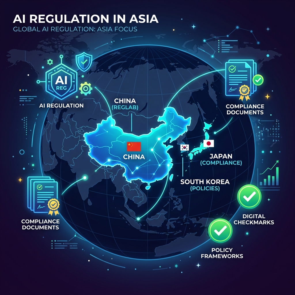 Asia map showing China, Japan, and South Korea AI regulation zones
