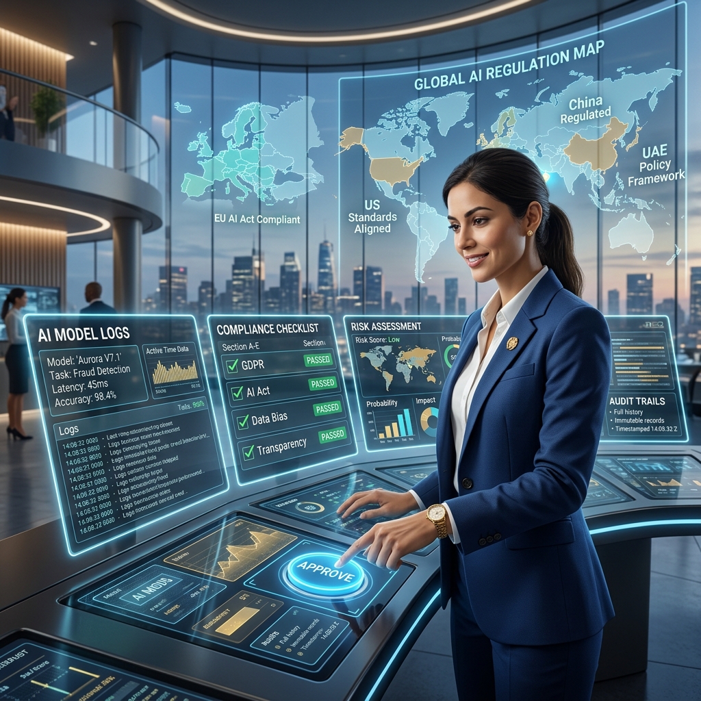 AI regulator at a compliance control panel with global AI regulation maps for EU, USA, China, and UAE