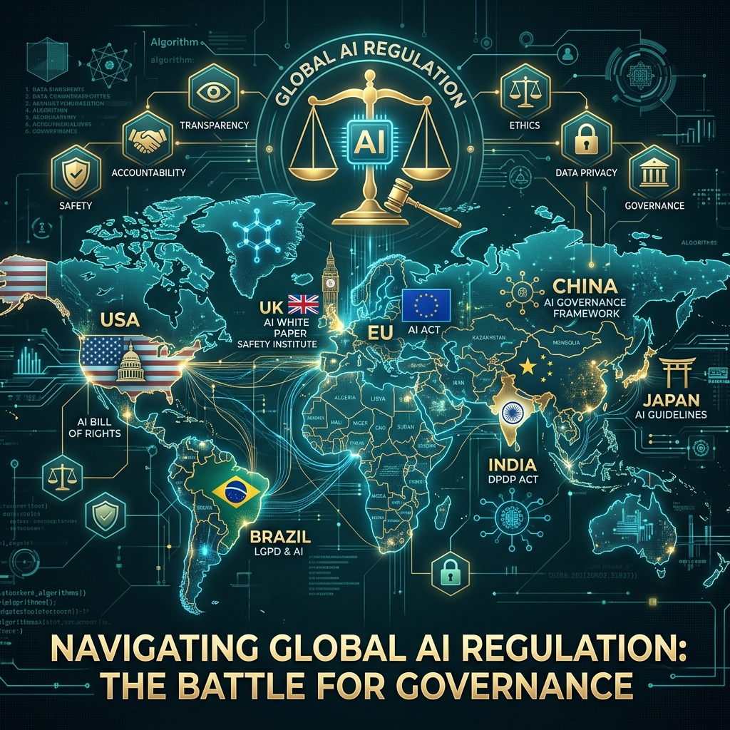 World map with AI regulation icons connecting major countries for July 2026