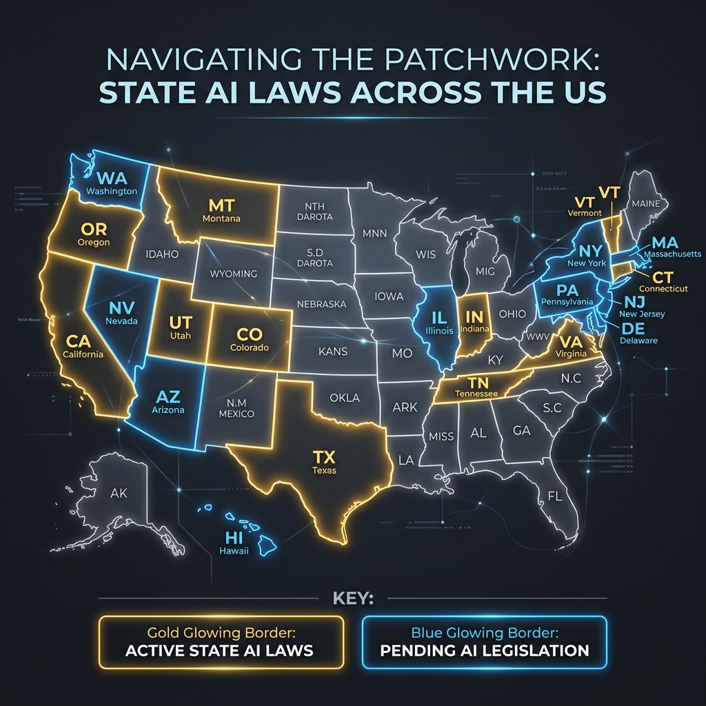 US map showing different states with active and pending AI laws