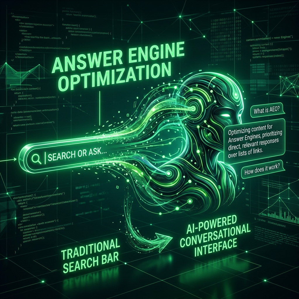 A futuristic search bar transforming into a conversational AI interface representing AEO