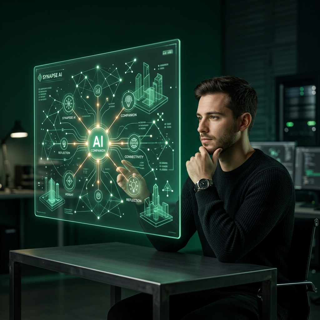 Man interacting thoughtfully with a glowing AI interface