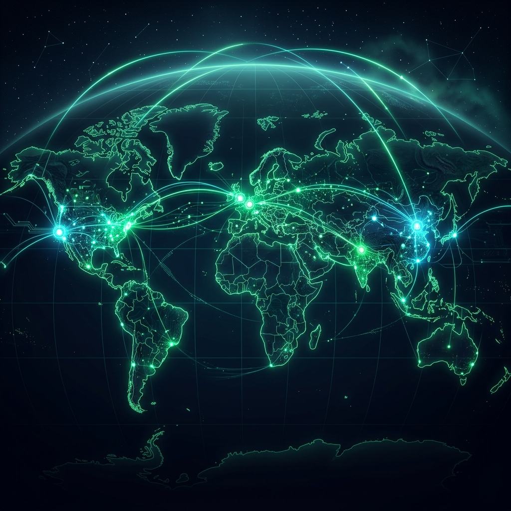 A sleek, modern global world map with glowing AI nodes connecting major tech hubs like Silicon Valley, Brussels, and Beijing, illustrating the interconnected nature of international AI regulation in 2026.