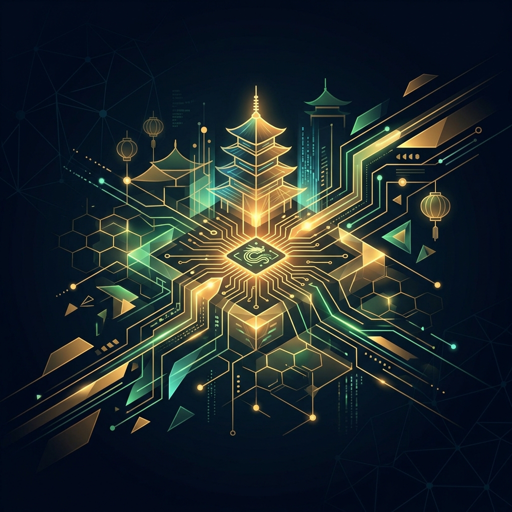 A clean, futuristic vector illustration of an Asian pagoda constructed from glowing green and gold circuitry and microchips, representing the rigid and highly structured AI regulatory frameworks emerging across Asia.