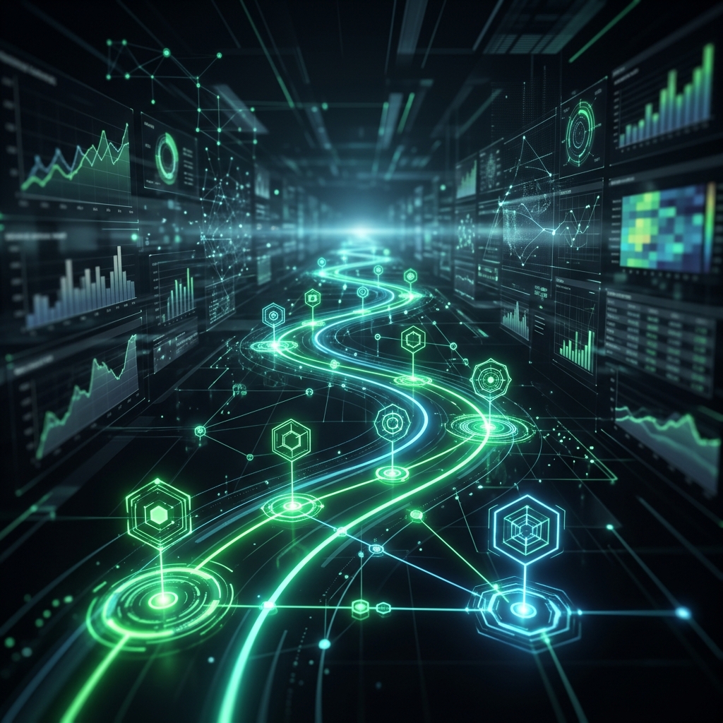 A sleek, dashboard-style glowing timeline stretching into a dark tech tunnel, highlighting upcoming global AI compliance deadlines and data reporting requirements for 2026 and 2027.