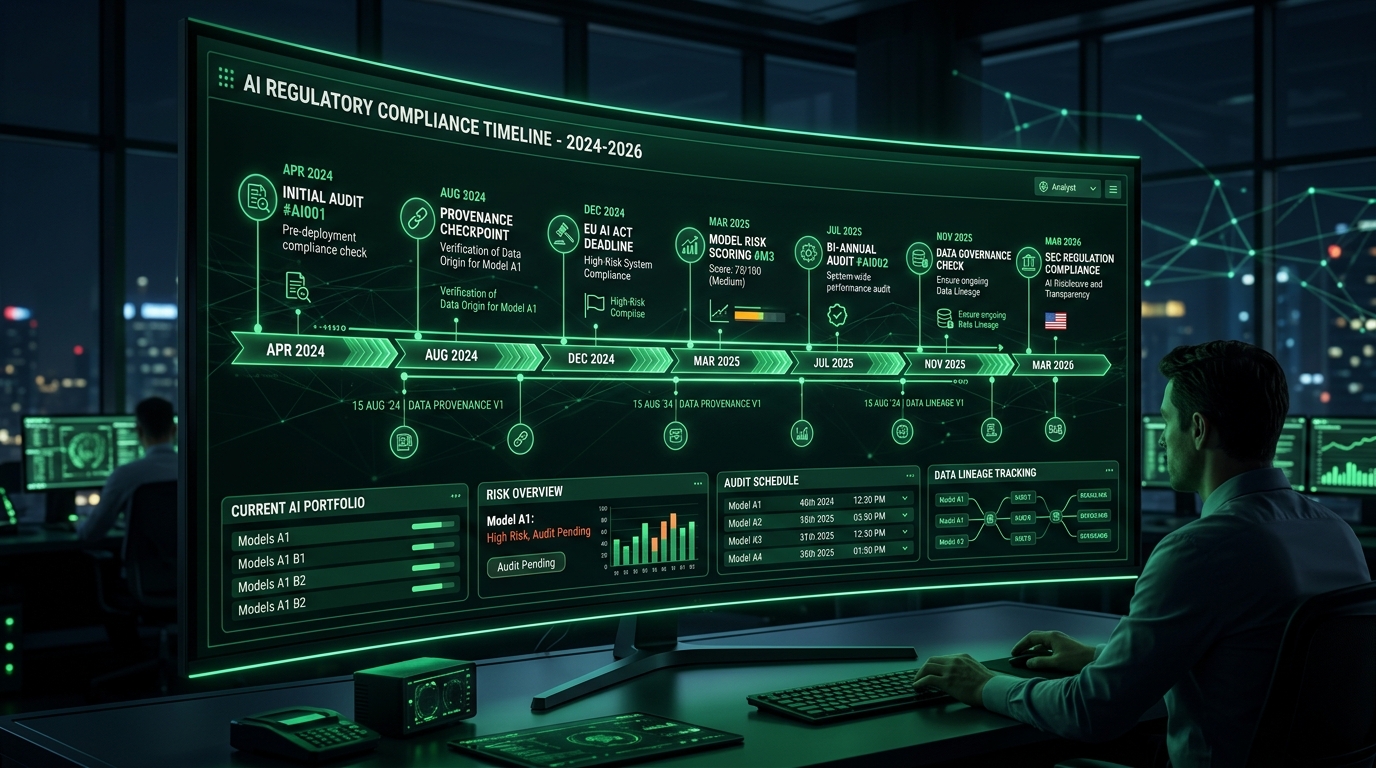 Engineering dashboard displaying automated compliance timelines, audit schedules, model provenance checkpoints, and data governance verification