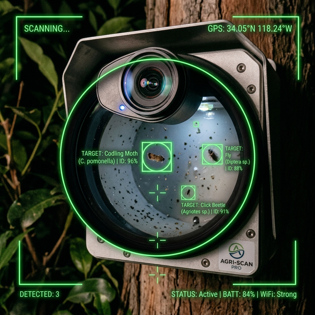 A smart trap with a computer vision interface displaying glowing green targeting squares around small insects