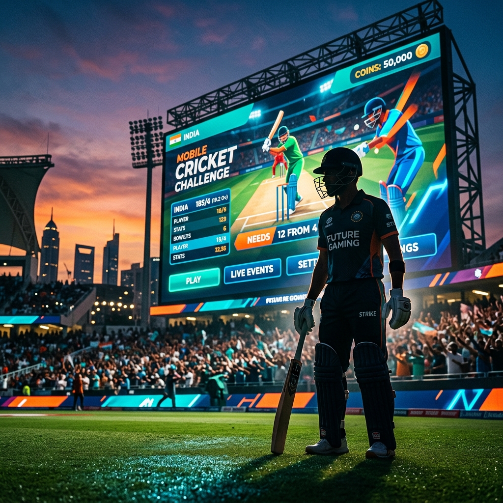 Cricket gaming future on mobile with stadium backdrop