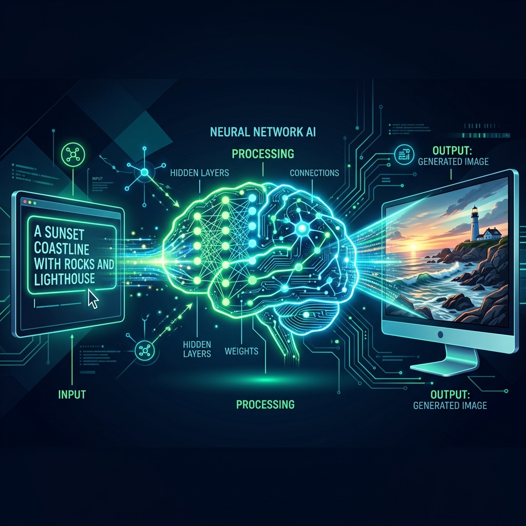 Infographic showing a text prompt moving through a neural network and outputting an image on a screen