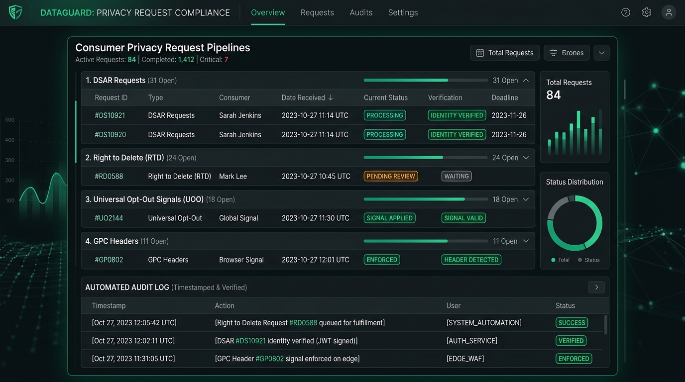 Software engineering data compliance pipeline dashboard displaying DSAR tracking, right to delete requests, and automated audit logs
