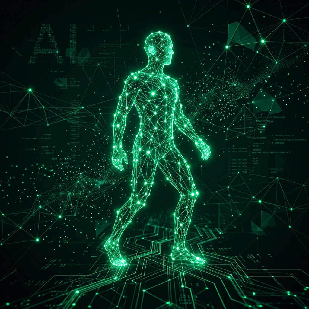 Abstract glowing nodes forming a human silhouette