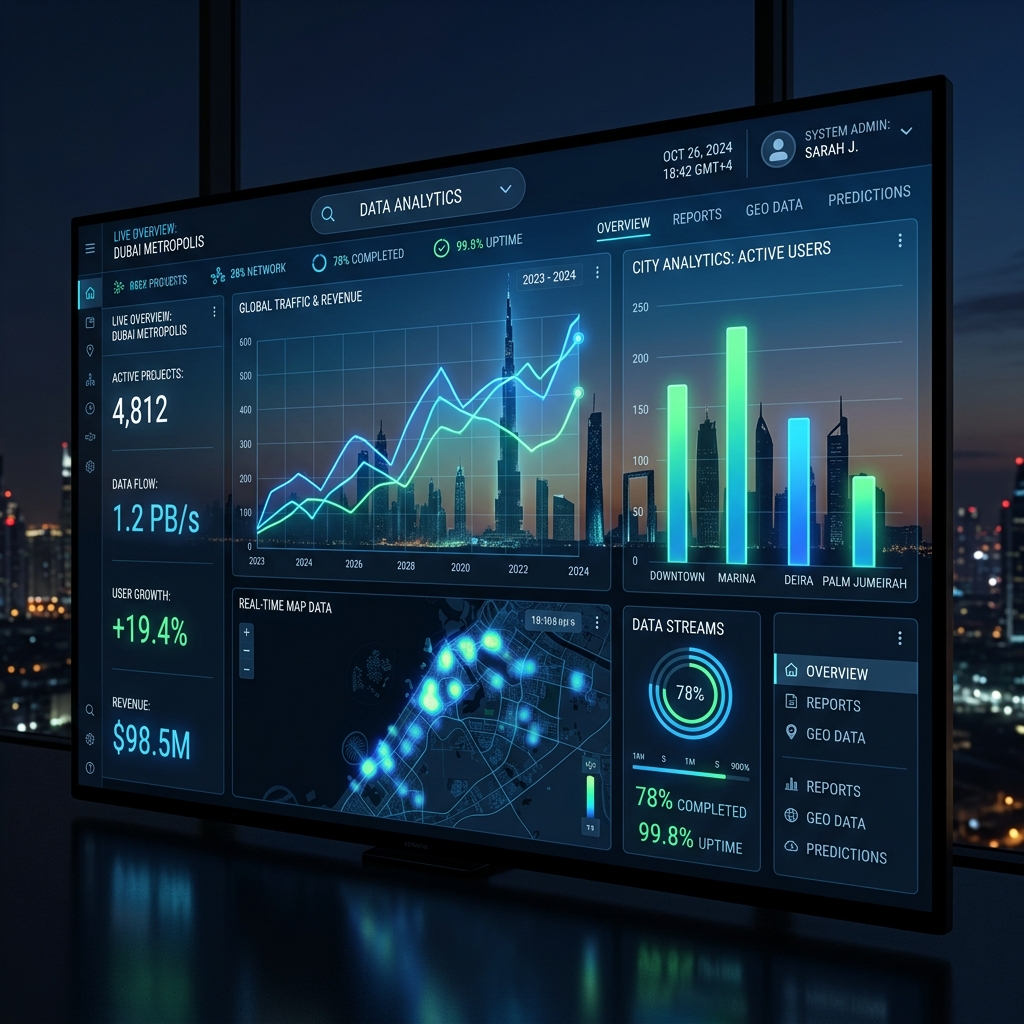 Futuristic AI analytics dashboard with Dubai skyline silhouette
