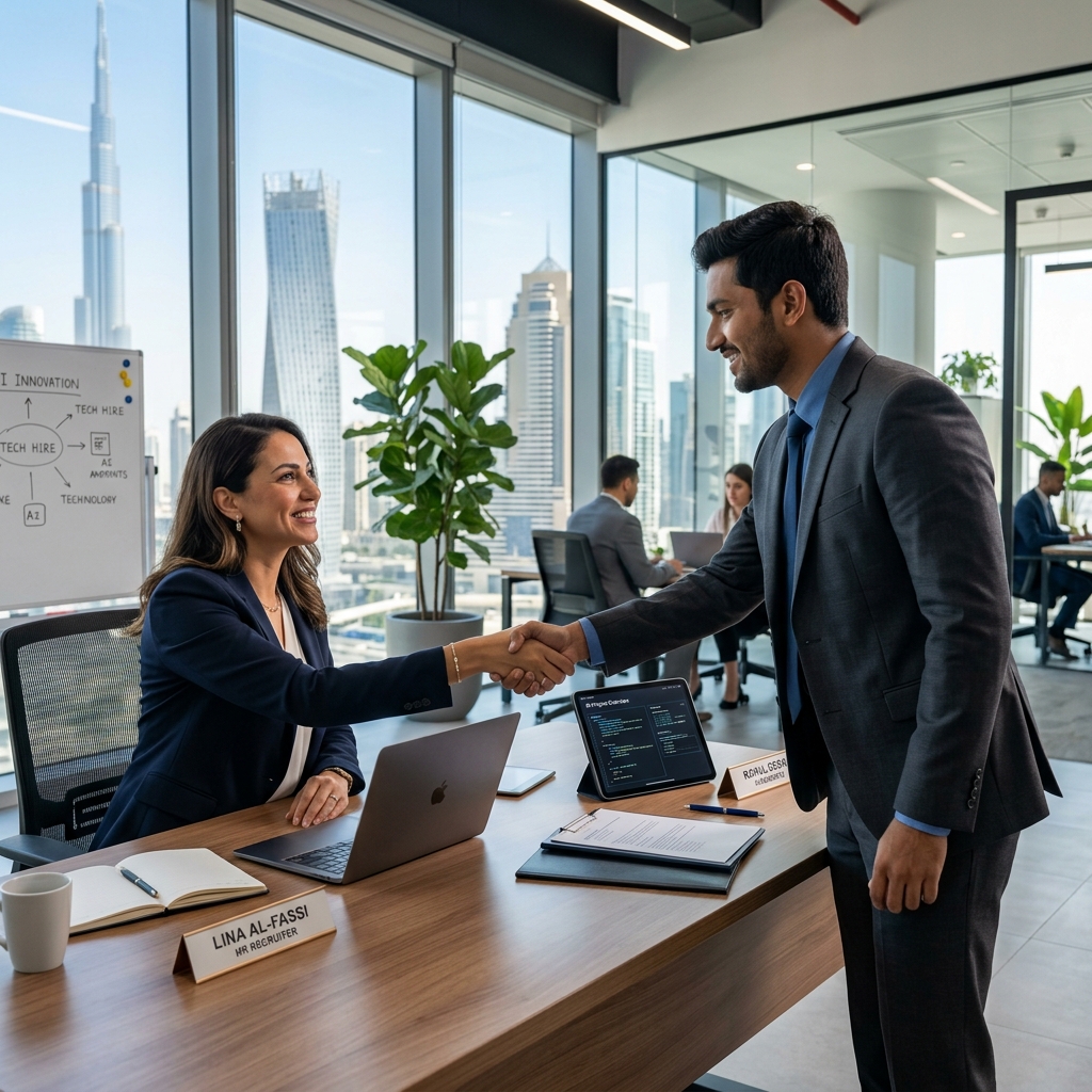 A recruiter and candidate shaking hands in a bright Dubai office