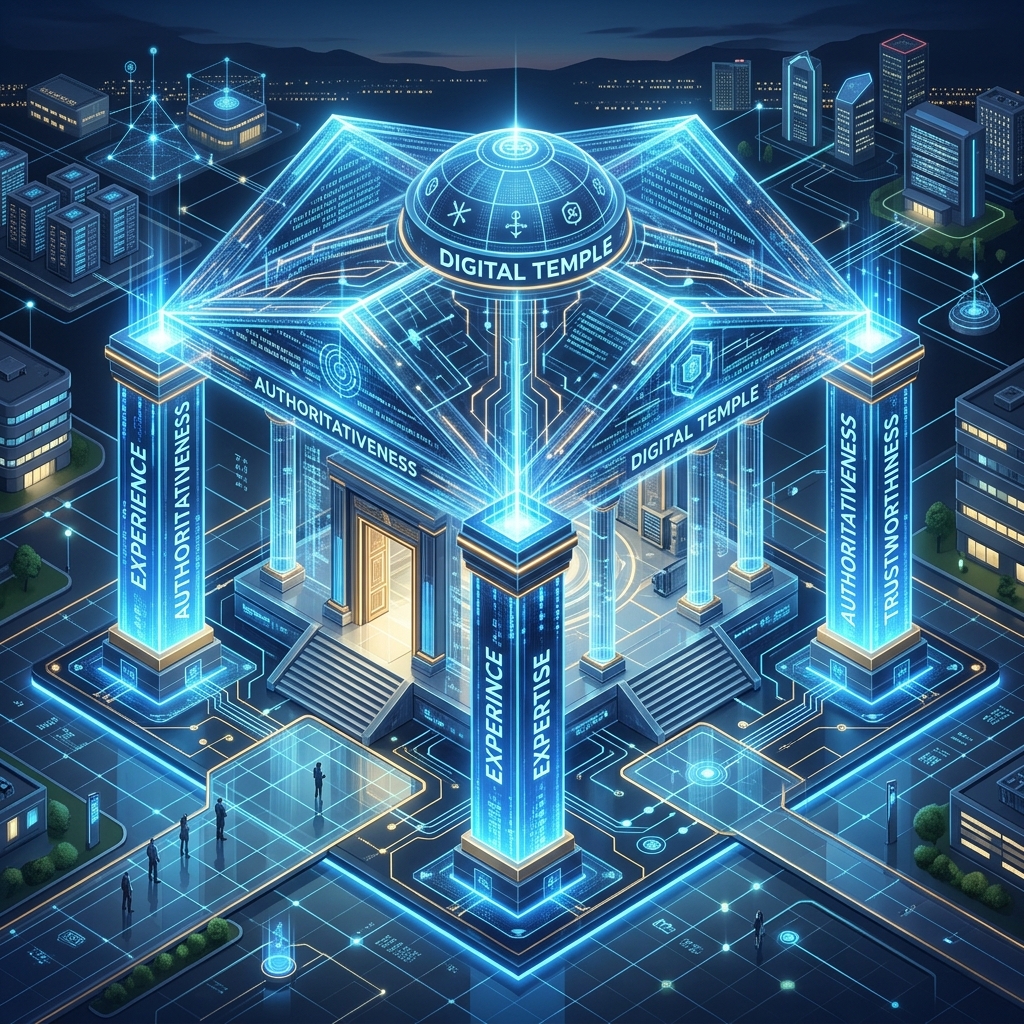 A digital temple supported by four glowing pillars labeled Experience, Expertise, Authoritativeness, and Trustworthiness