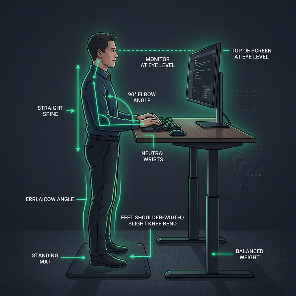 Diagram showing proper ergonomic posture at a standing desk