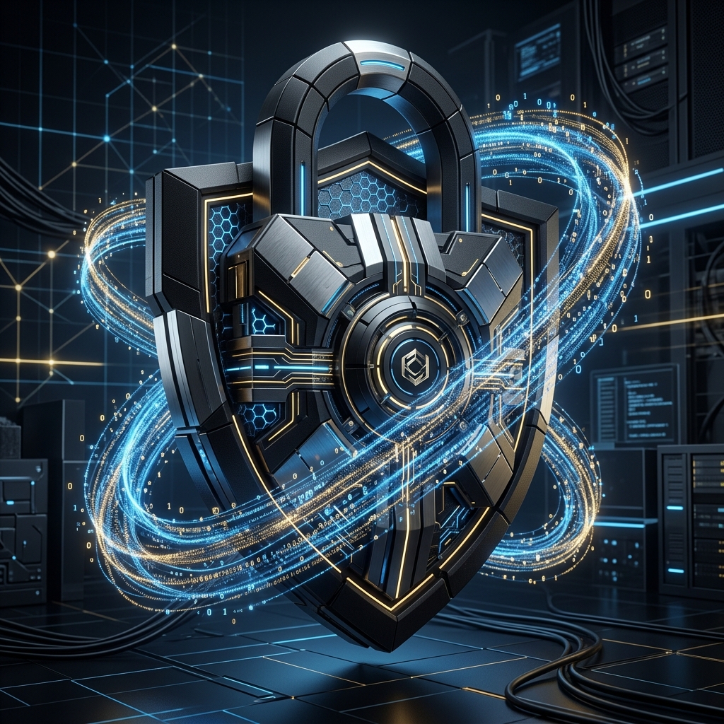 A glowing blue and gold data stream wrapping around a highly secure, modern digital lock, representing the active enforcement and data security mandates of the European Union AI Act taking effect.