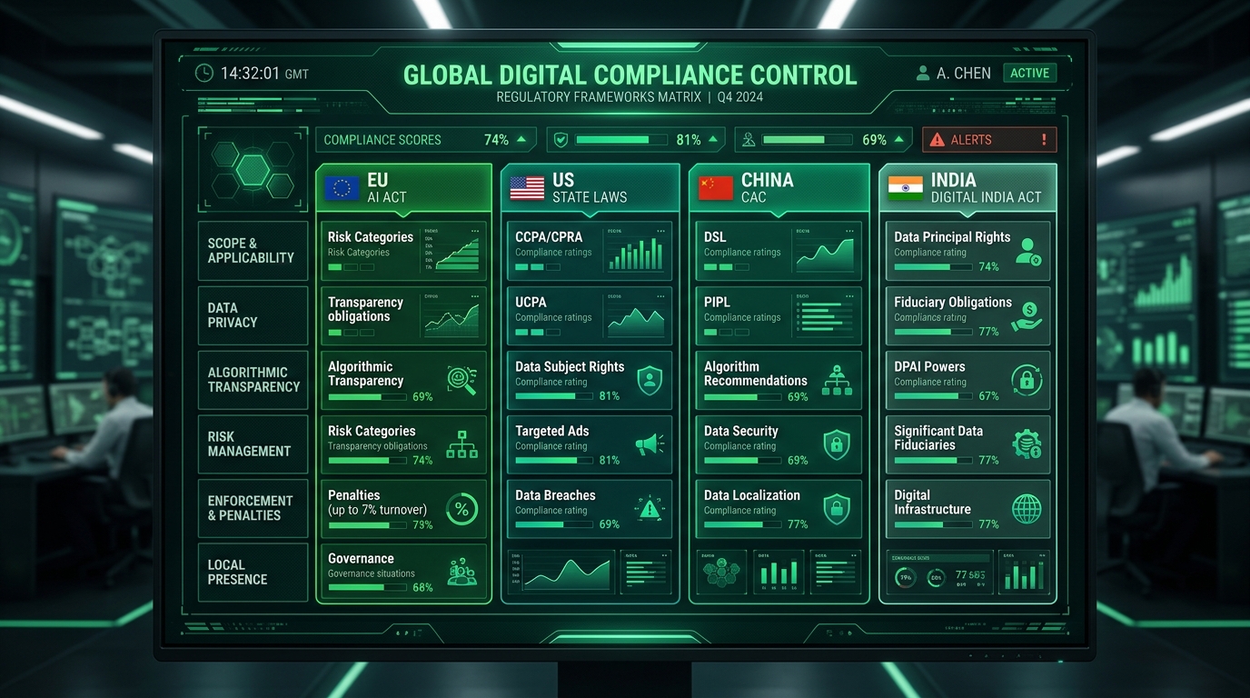 Compliance matrix comparing global regulatory requirements across the European Union, United States state laws, China CAC rules, and India Digital India Act