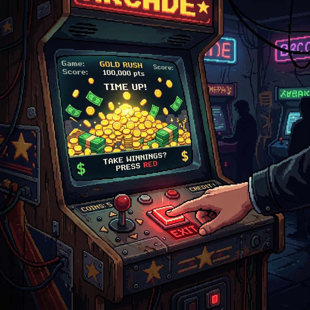 A hand pressing an exit button on an arcade cabinet showing gold coins, representing walking away from fortune