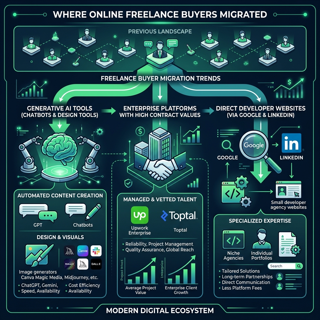 Infographic showing where online freelance buyers migrated: generative AI tools, enterprise platforms with high contract values, and direct developer websites