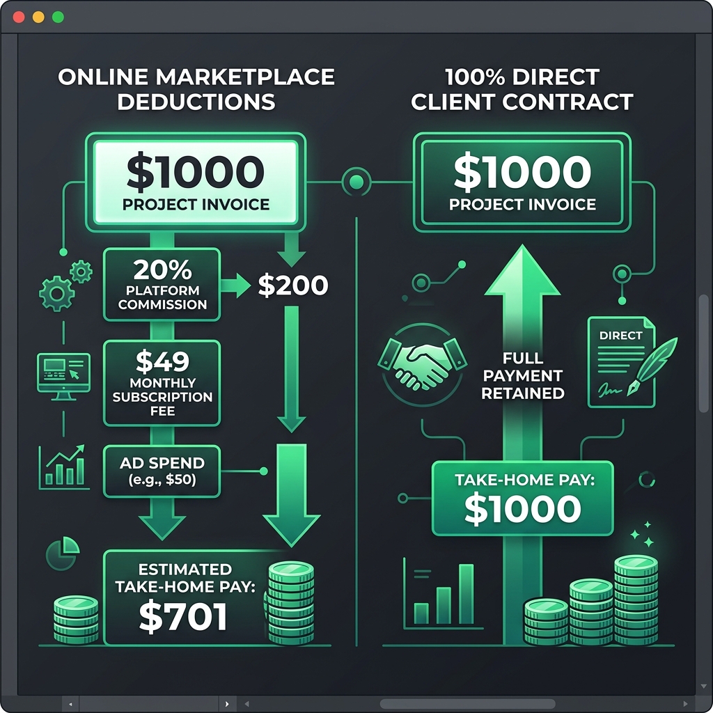 Infographic illustrating freelance platform fee breakdown on a 1000 dollar project with 20 percent commission, 49 dollar monthly subscription, and ads versus 100 percent direct client contract retention