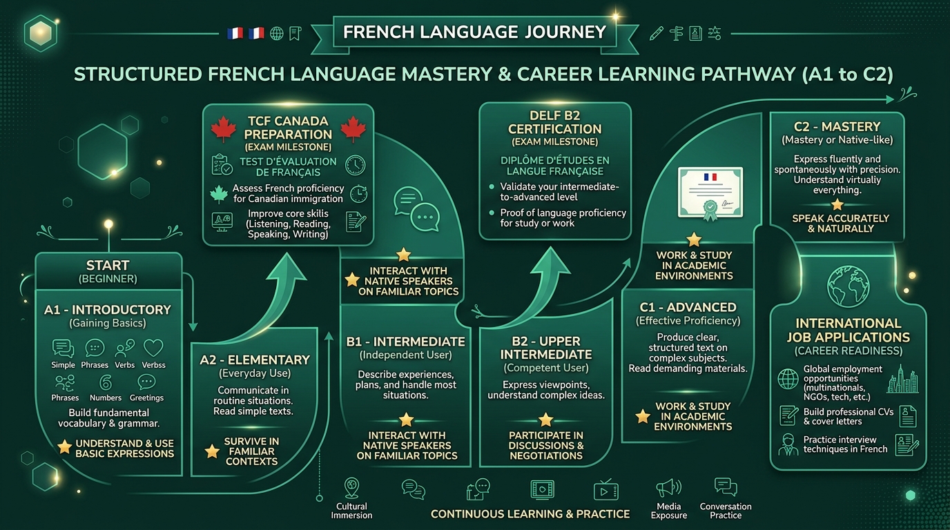 Structured learning pathway chart detailing French language mastery from CEFR A1 to C2 with milestone checkpoints for TCF, DELF, and international job applications