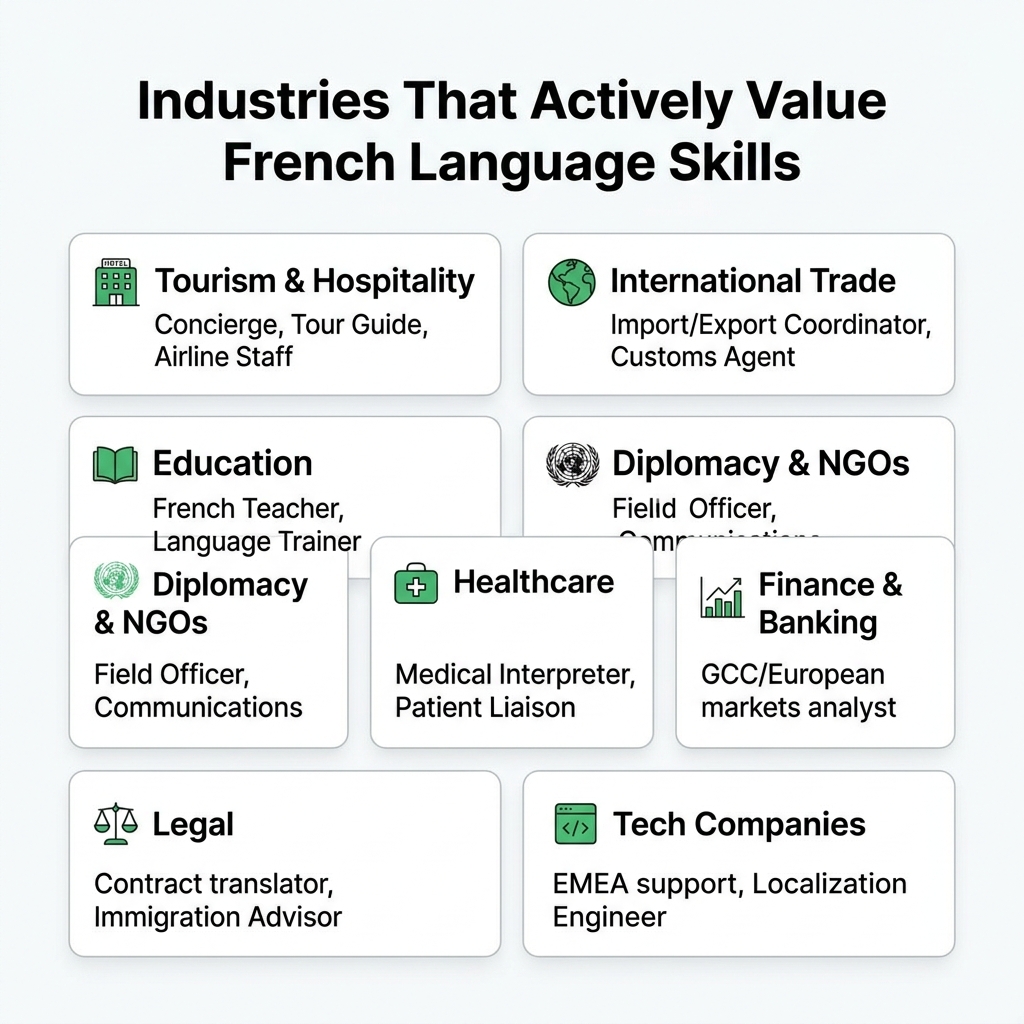 Infographic listing 8 industries that value French language skills including tourism and hospitality, international trade, education, diplomacy, healthcare, finance, legal, and technology companies with specific job title examples