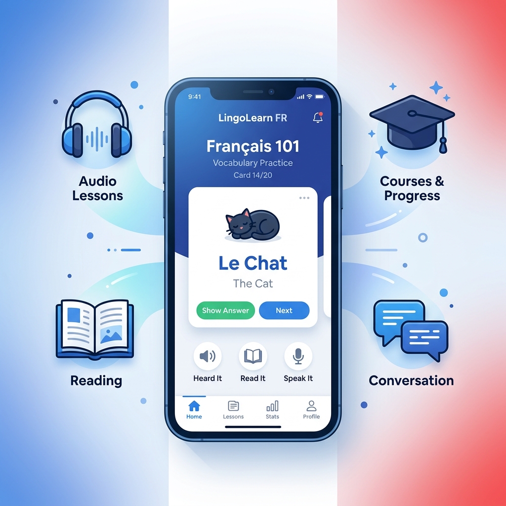Smartphone displaying a French vocabulary learning app interface surrounded by icons for audio, reading, courses, and conversation