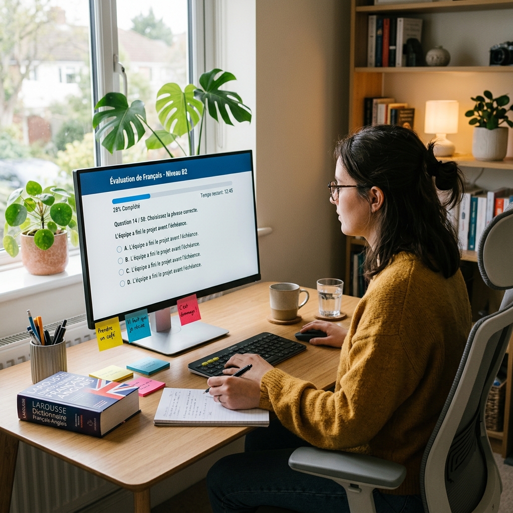 Person taking a French proficiency assessment test on a monitor, with a French-English dictionary and study notes on the desk