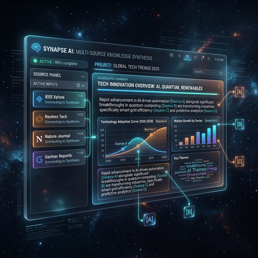 A futuristic sleek user interface mockup floating in a dark space showing an AI synthesizing information