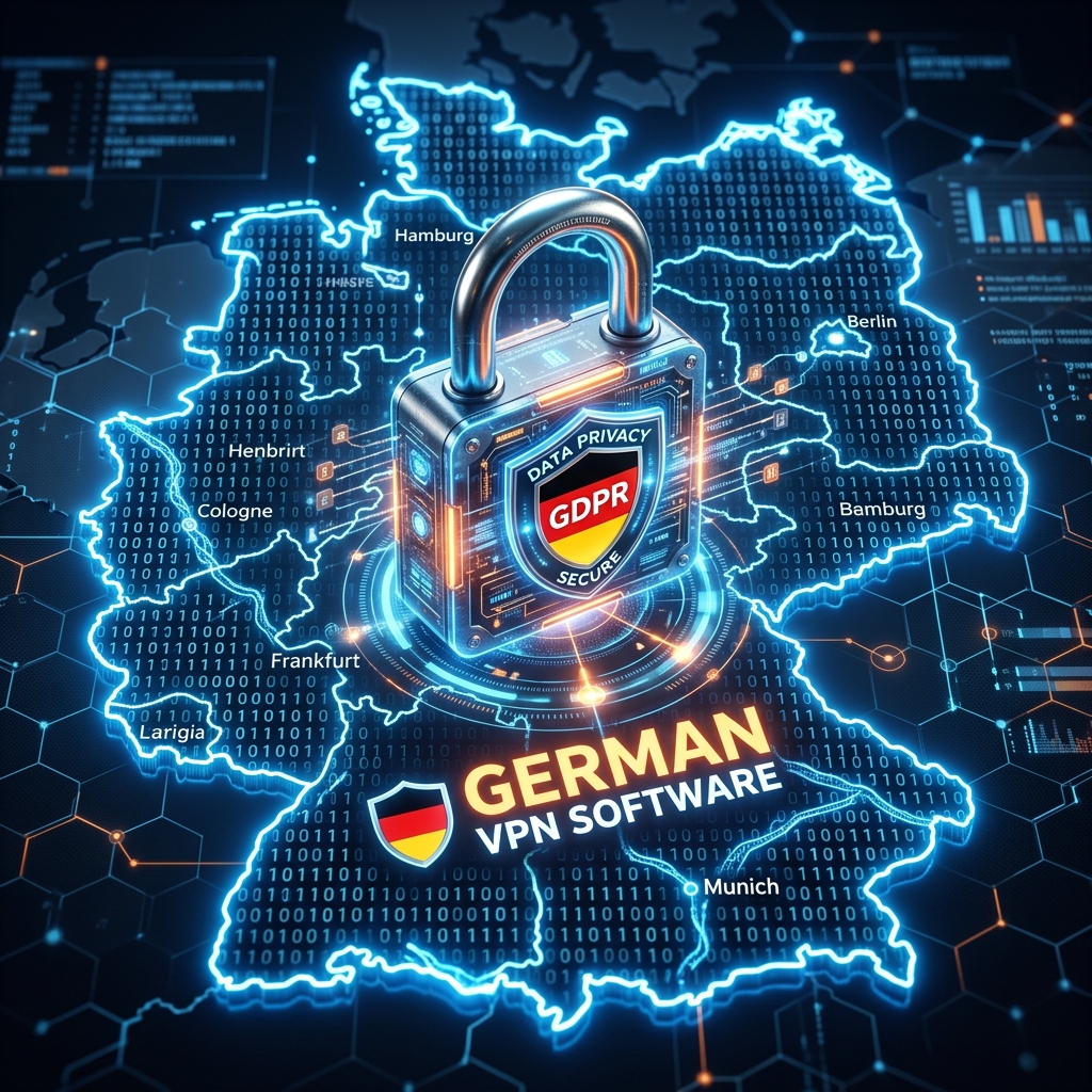 A high-tech digital padlock hovering over a glowing map of Germany composed of binary code