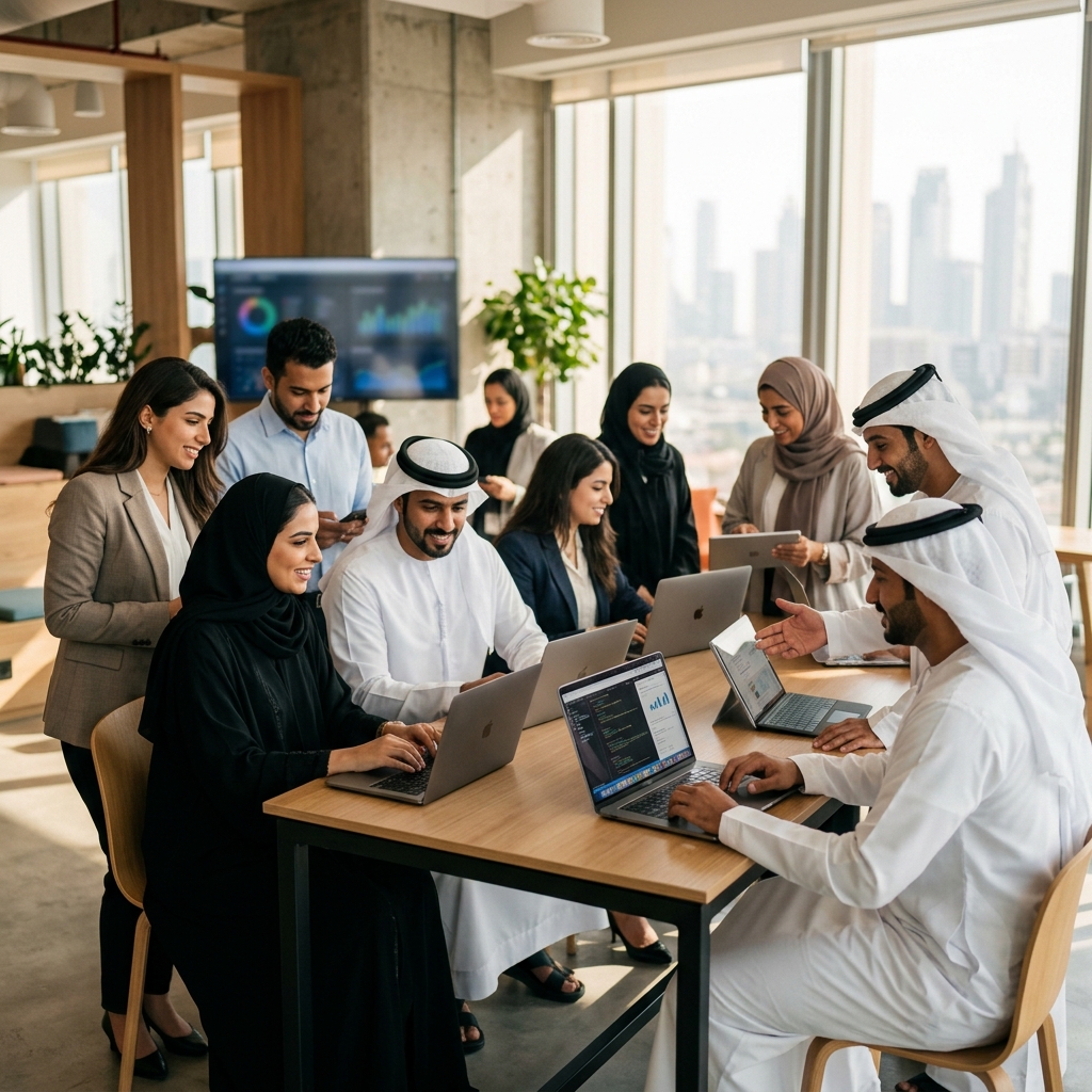 Young Gulf professionals learning tech skills in a modern training lab