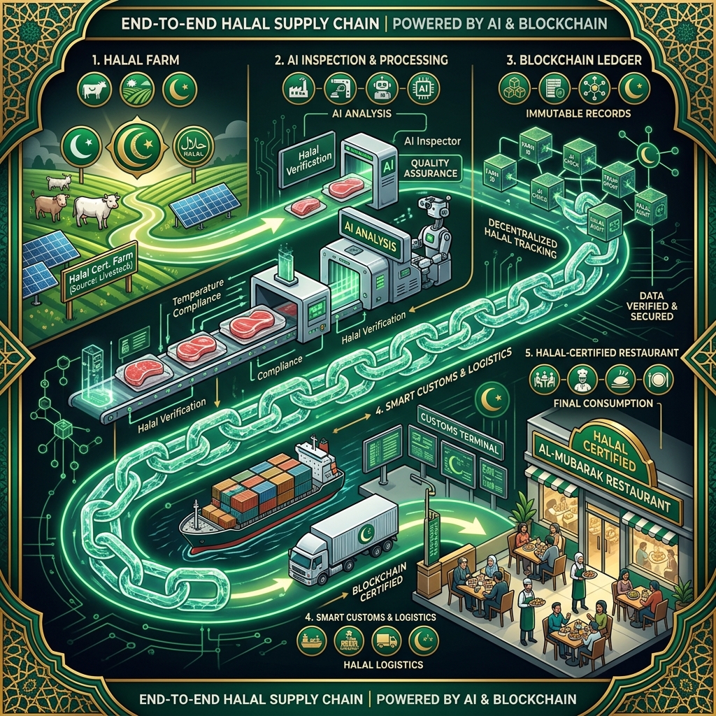 AI and blockchain-powered halal supply chain from halal-certified farm through AI inspection, blockchain ledger, smart customs, to halal restaurant