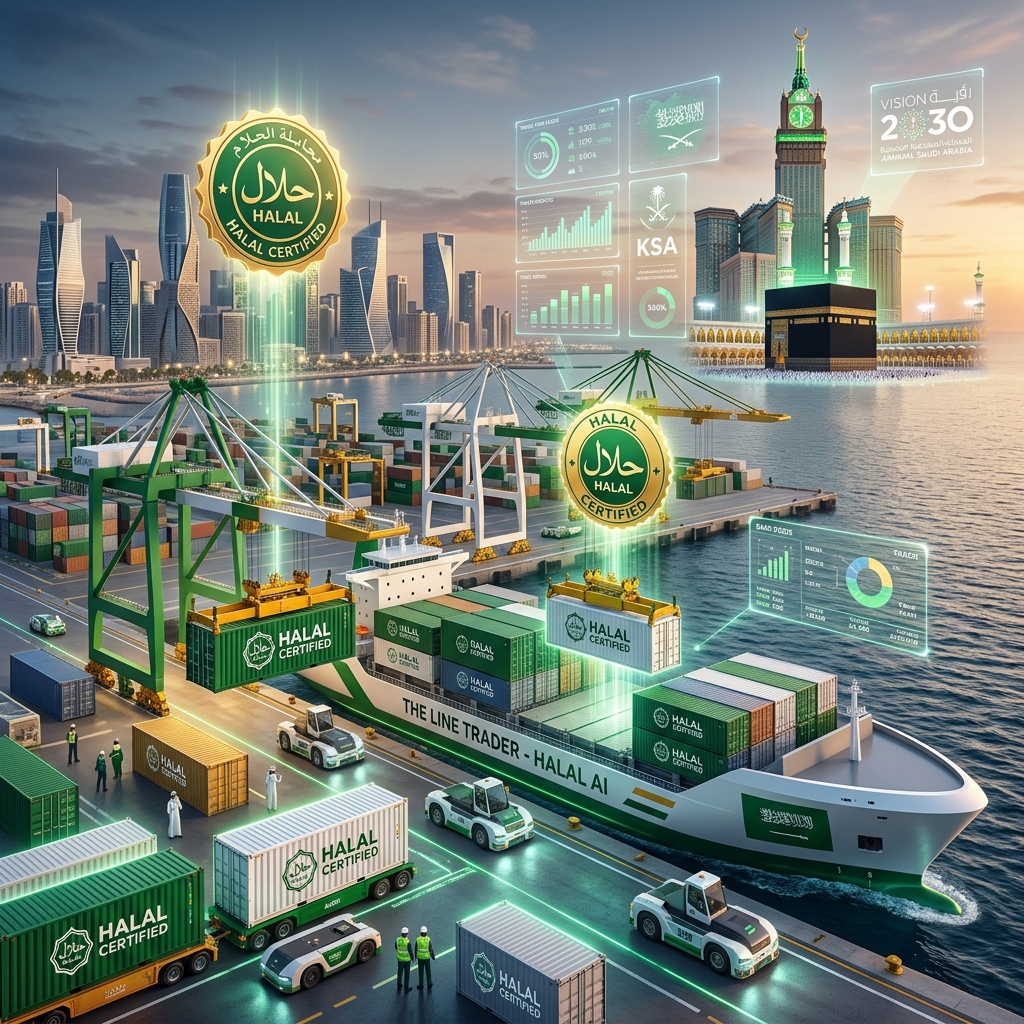 AI-powered halal certified cargo port in Jeddah with Saudi Vision 2030 holographic displays and Kaaba skyline