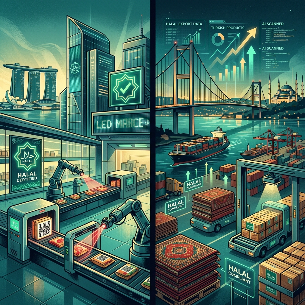 Split-panel showing Singapore's AI-powered halal food hub with robotic QR scanning and Turkey's Bosphorus halal export port with AI compliance systems