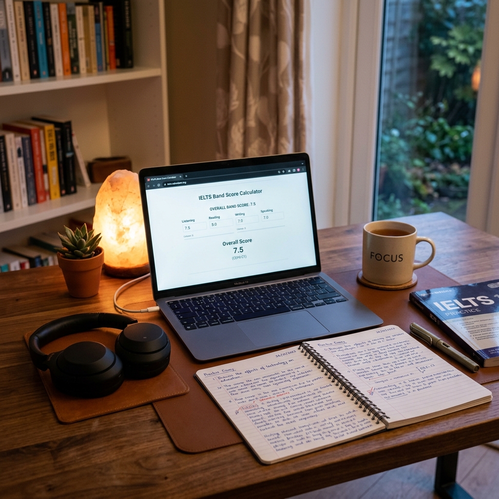 Modern study desk setup showing IELTS band score calculator, handwritten essay practice notes, and headphones